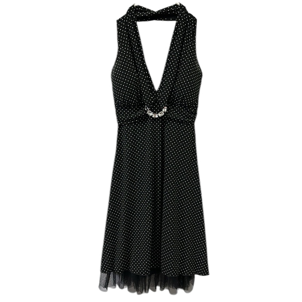 My Michelle Black White Polka Dot Halter Padded Breast Midi Dress Womens Small - Picture 11 of 14